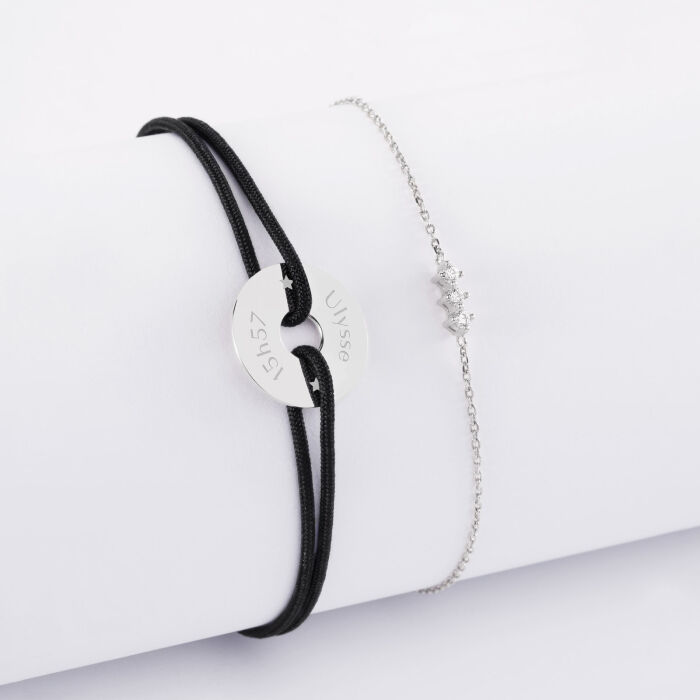 Duo bracelets personnalisés chaine trio scintillant et cordon médaille gravée argent cible 16 mm - prénom