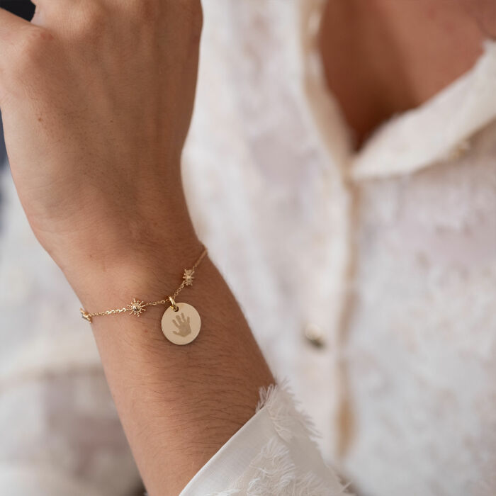 Bracelet chaîne étoile brillante personnalisé médaille gravée plaqué or 15 mm - empreinte