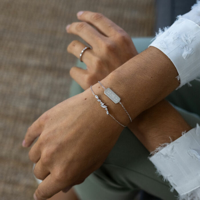 Duo bracelets personnalisés chaine barrette scintillante et médaille gravée argent plaque 20x8 mm - date