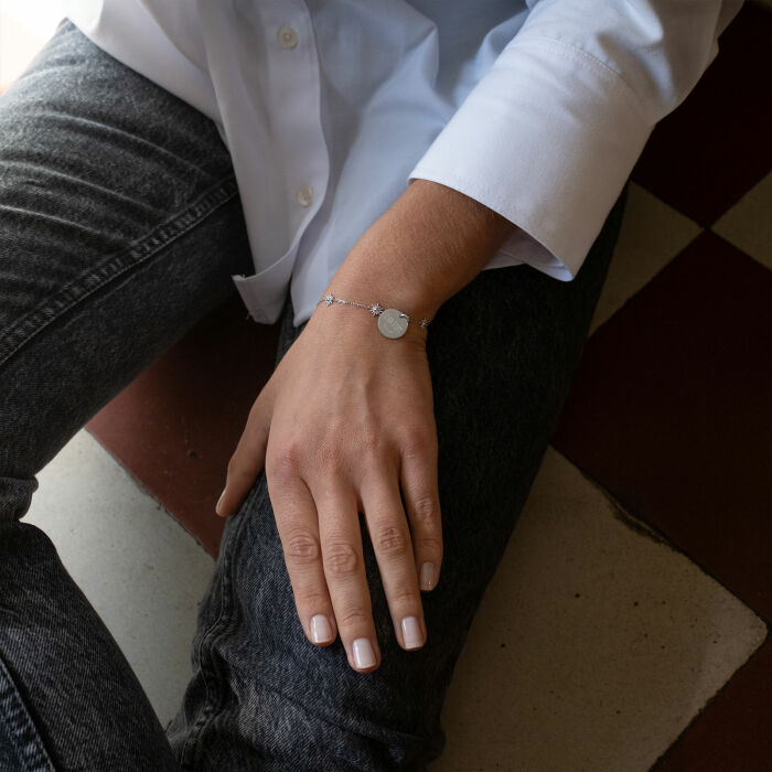 Bracelet chaîne étoile brillante personnalisé médaille gravée argent 15 mm - chaton