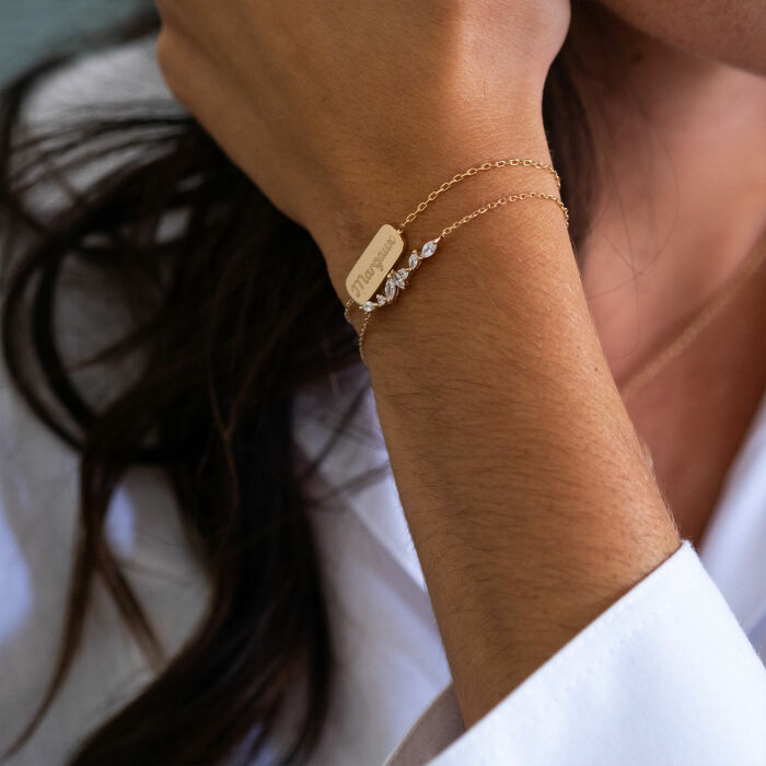 Duo bracelets personnalisés chaine barrette scintillante et médaille gravée plaqué or 2 trous 15 mm - prénom
