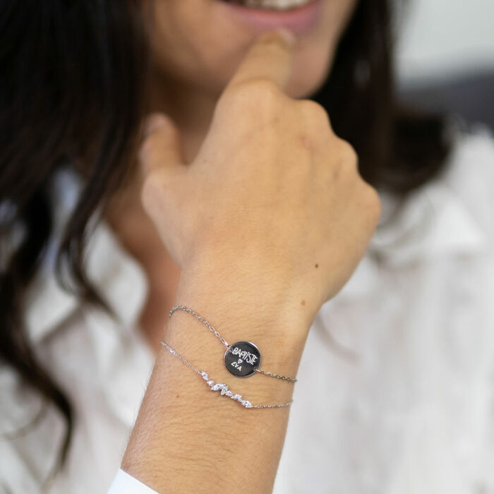 Duo bracelets personnalisés chaine barrette scintillante et médaille gravée argent 2 trous 15 mm - dessin