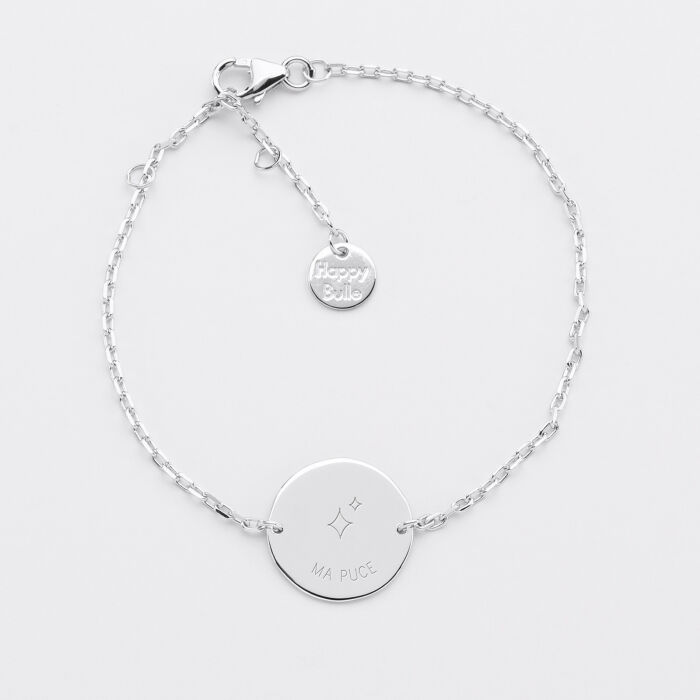 Bracelet chaine enfant personnalisé médaille gravée argent 2 trous 15 mm - HappyBulle x Capucine - texte