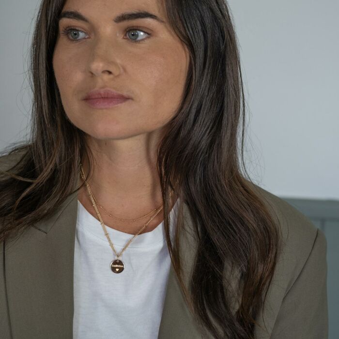 Collier chaîne double personnalisé médaille gravée plaqué or 15 mm - prénom