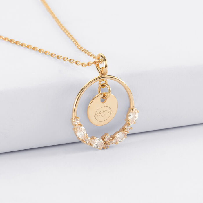 Pendentif cercle scintillant blanc personnalisé médaille gravée plaqué or 10 mm - bouille