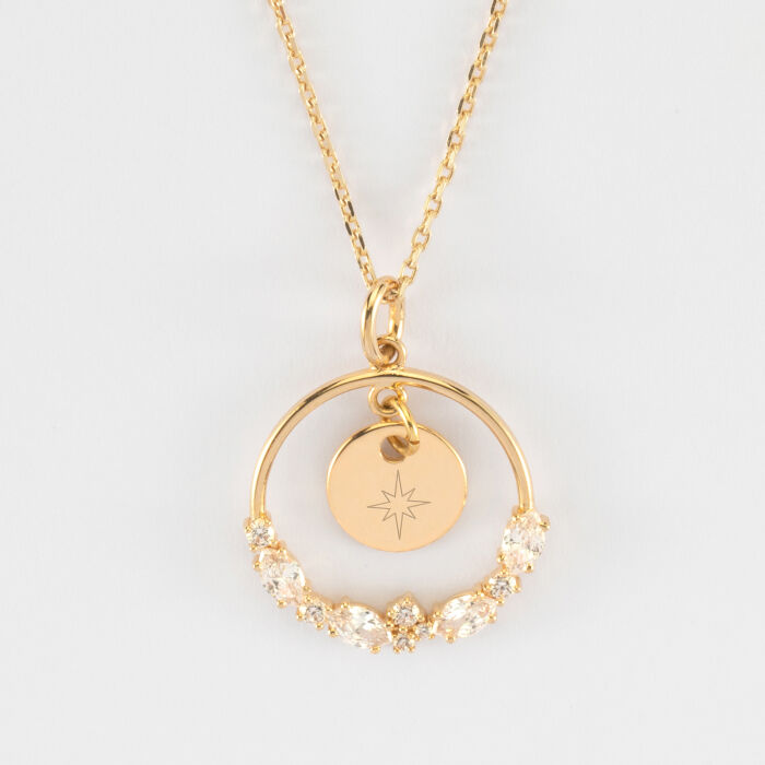 Pendentif cercle scintillant blanc personnalisé médaille gravée plaqué or 10 mm - illustration