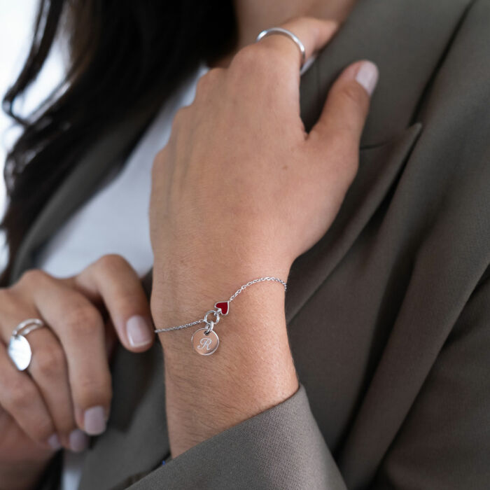 Bracelet chaîne coeur émail rouge personnalisé médaille gravée argent 10 mm - initiale