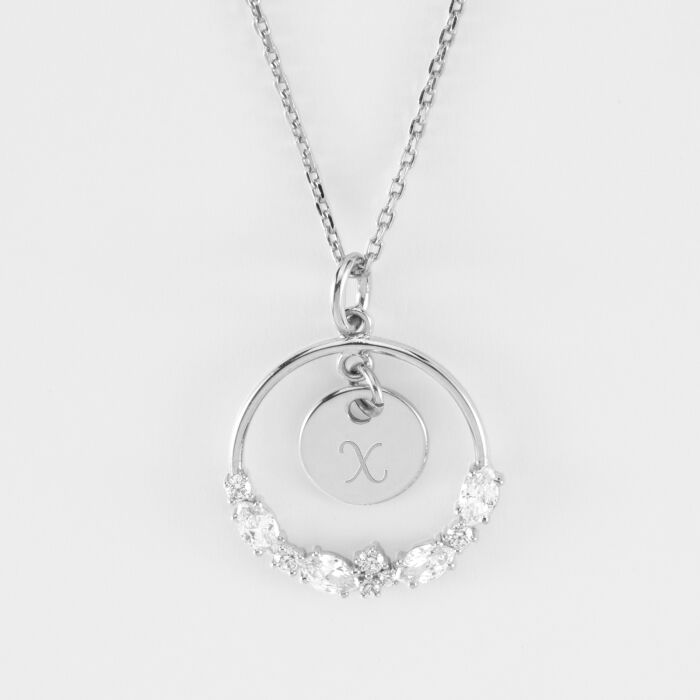 Pendentif cercle scintillant blanc personnalisé médaille gravée argent 10 mm - lettre