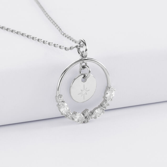 Pendentif cercle scintillant blanc personnalisé médaille gravée argent 10 mm - dessin