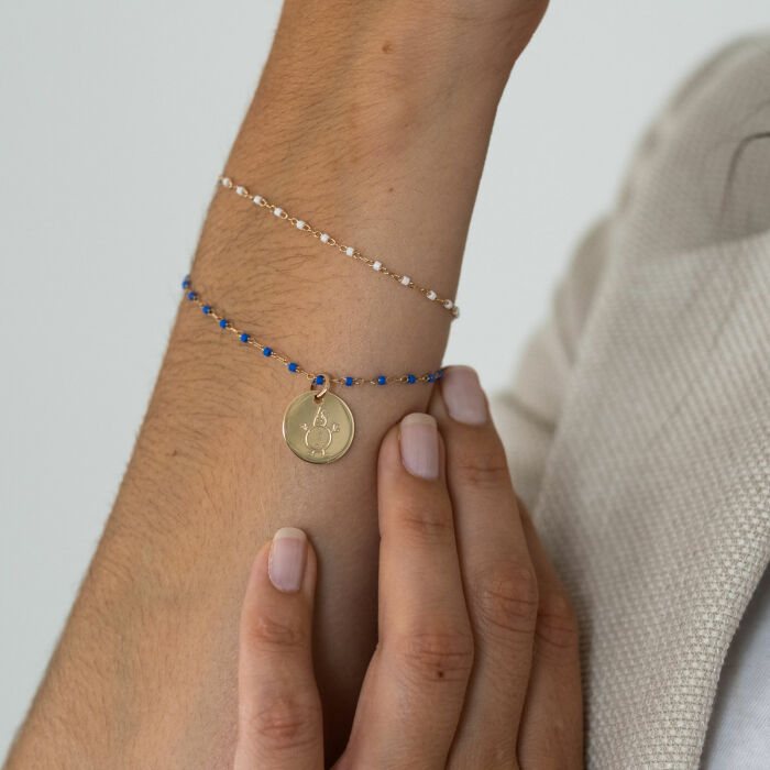 Bracelet perles Miyuki colorées personnalisé médaille gravée plaqué or 15 mm - dessin