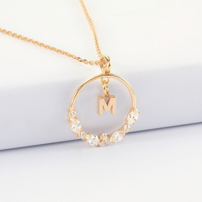 Pendentif cercle scintillant blanc personnalisé médaille gravée plaqué or lettre initiale 5 mm - brillant