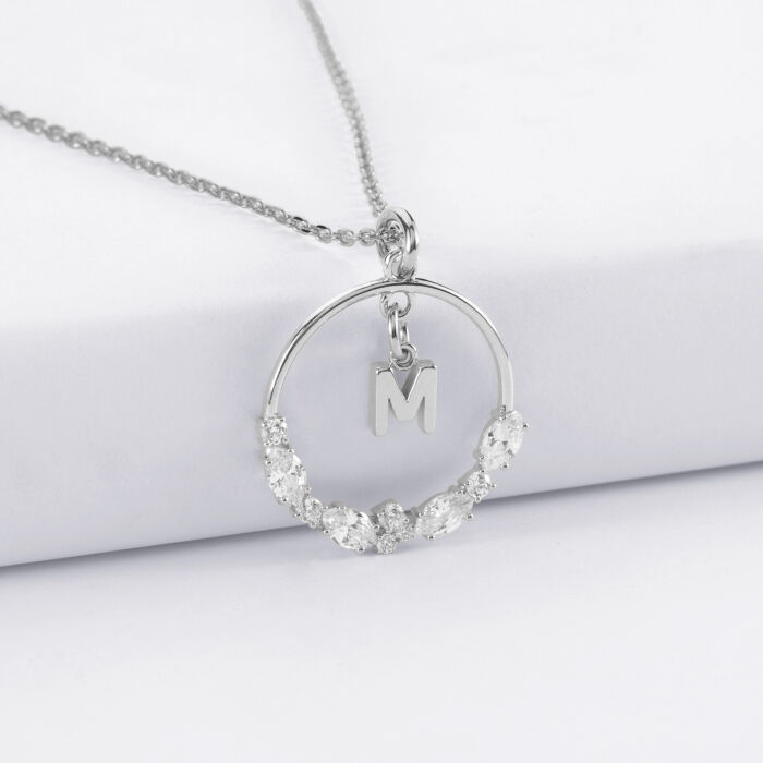 Pendentif cercle scintillant blanc personnalisé médaille argent lettre initiale 5 mm - bijou