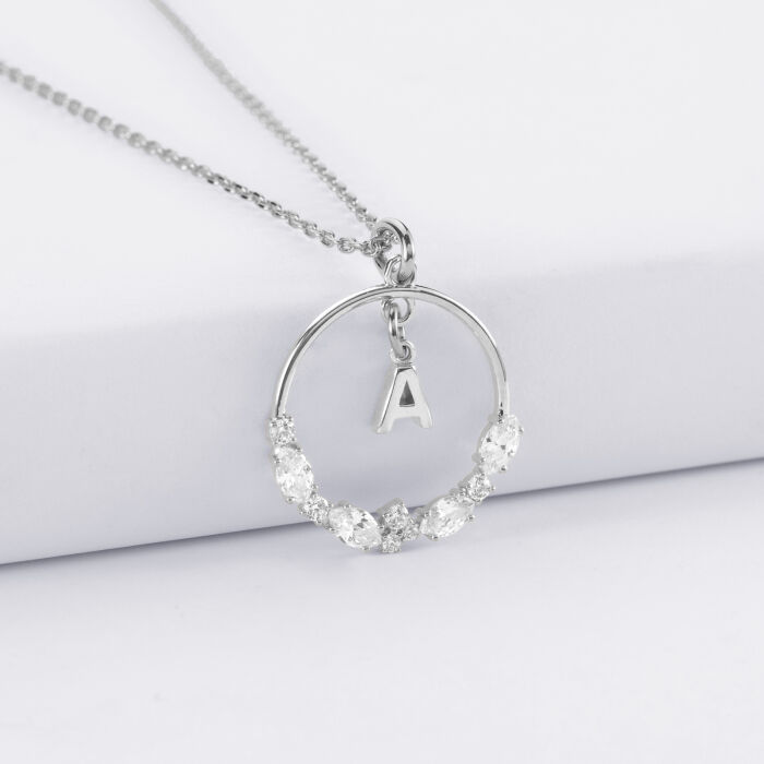 Pendentif cercle scintillant blanc personnalisé médaille argent lettre initiale 5 mm - zircons