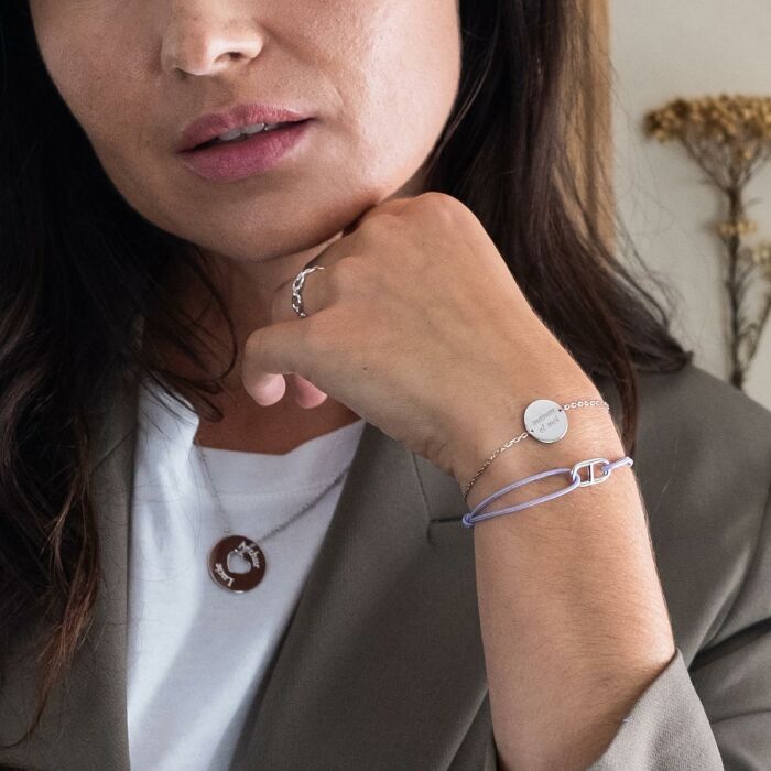 Bracelet chaine personnalisé médaille gravée argent 2 trous 15 mm - texte