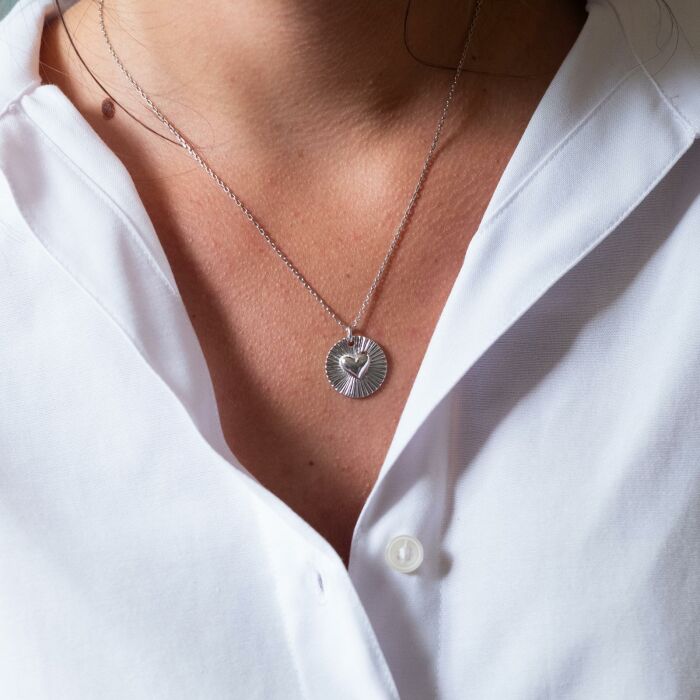Pendentif personnalisé médaille soleil coeur bombé gravée argent 19 mm - bijou