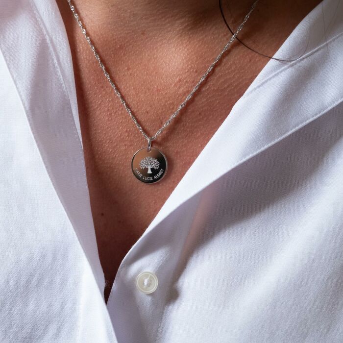 Pendentif personnalisé médaille gravée argent 19 mm - Edition spéciale Arbre de Vie - texte