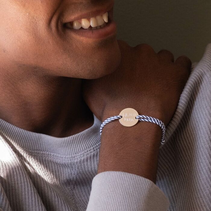 Personalised men bracelet simple braided cord engraved silver disc 2 holes 20mm