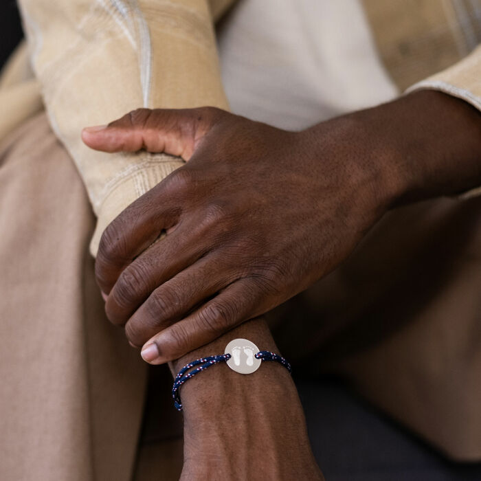 Personalised men bracelet simple nautical cord engraved silver disc 2 holes 20mm