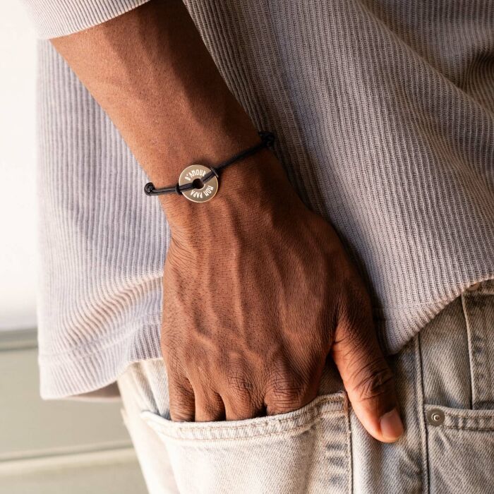 Men's Personalised Cord Bracelet with Engraved Gold-Plated Open Disc