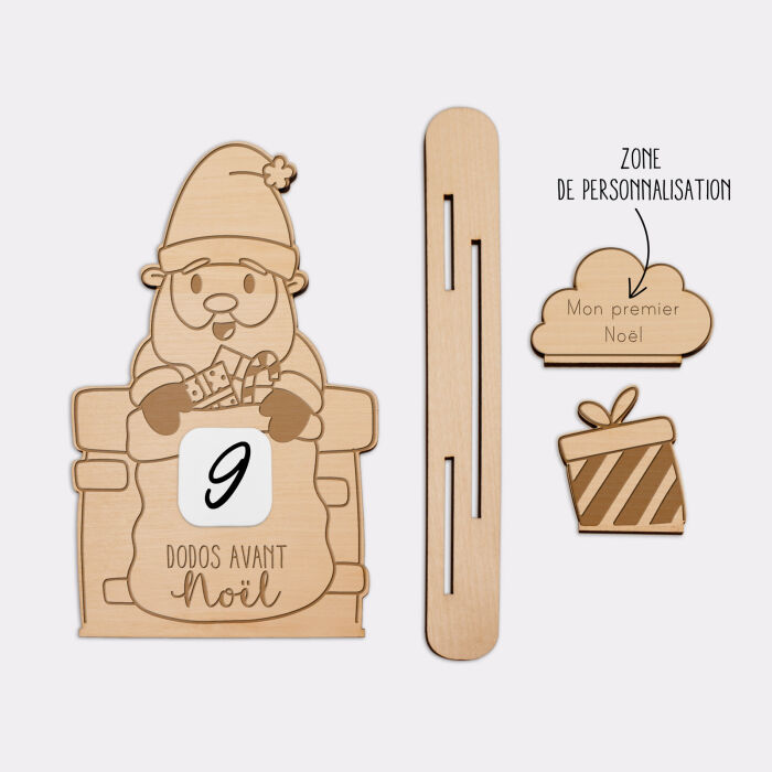 Calendrier de l'avent personnalisé compte à rebours Père Noël bois gravé - texte