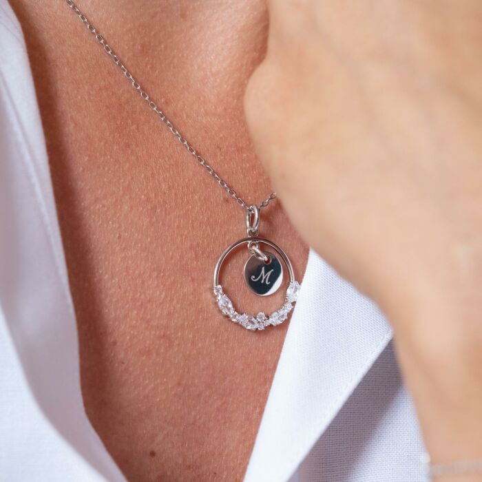 Pendentif cercle scintillant blanc personnalisé médaille gravée argent 10 mm