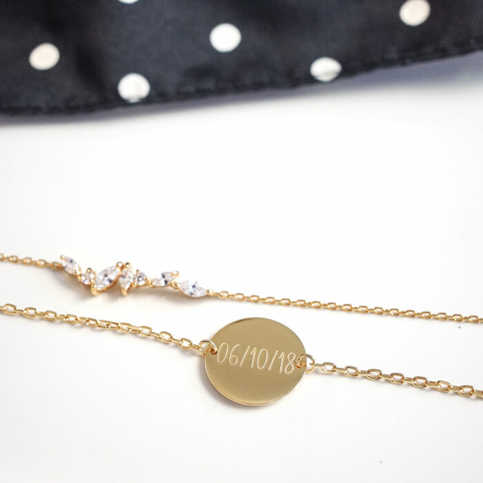 Duo bracelets personnalisés chaine barrette scintillante et médaille gravée plaqué or 2 trous 15 mm - date