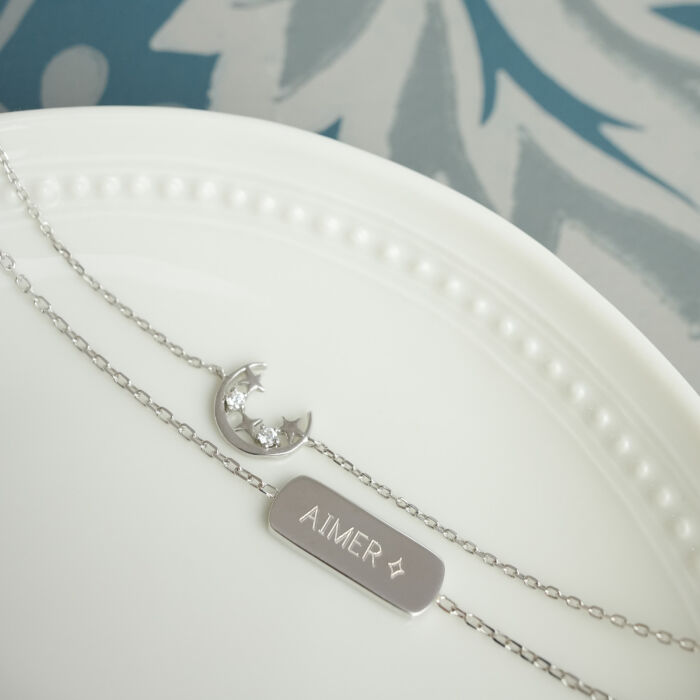 Duo bracelets personnalisés chaine lune scintillante et médaille gravée argent plaque 20x8 mm - HappyBulle x Capucine - étoile