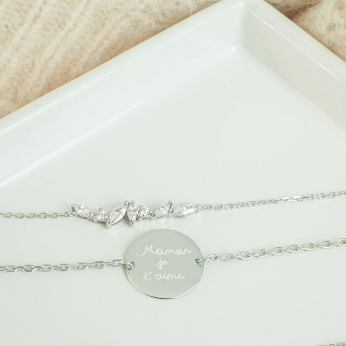 Duo bracelets personnalisés chaine barrette scintillante et médaille gravée argent 2 trous 15 mm - Texte manuscrit