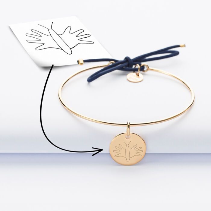 Bracelet personnalisé jonc plaqué or et cordon médaille gravée 15 mm tutoriel