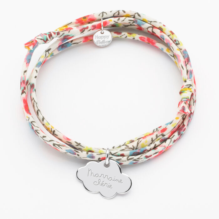 Bracelet 3 tours Liberty personnalisé prénom médaille gravée argent nuage 20x14 mm - texte