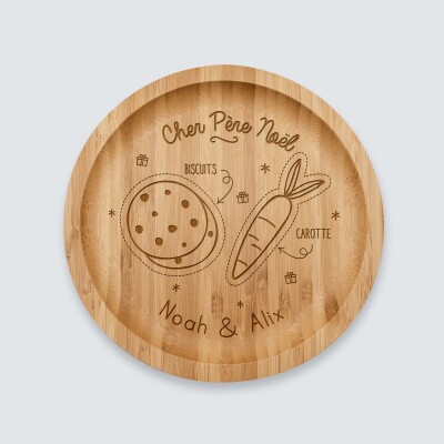 Plateau rond personnalisé bois gravé 20x20 cm - édition spéciale "Goûter du Père Noël" - personnalisation deux prénoms