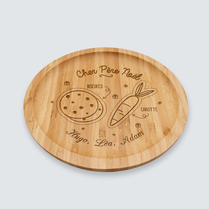 Plateau rond personnalisé bois gravé 20x20 cm - édition spéciale "Goûter du Père Noël" - personnalisation prénom