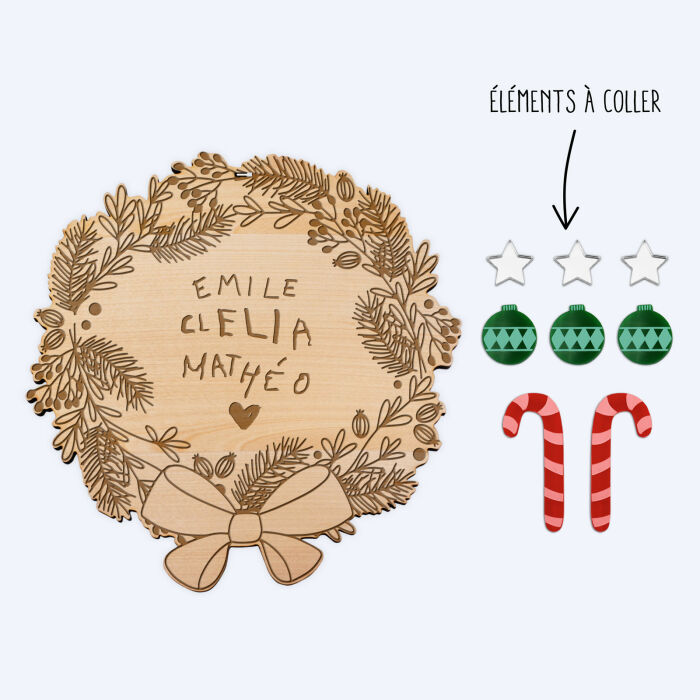 Couronne de Noël personnalisée bois gravé et ses décorations autocollantes - accessoire