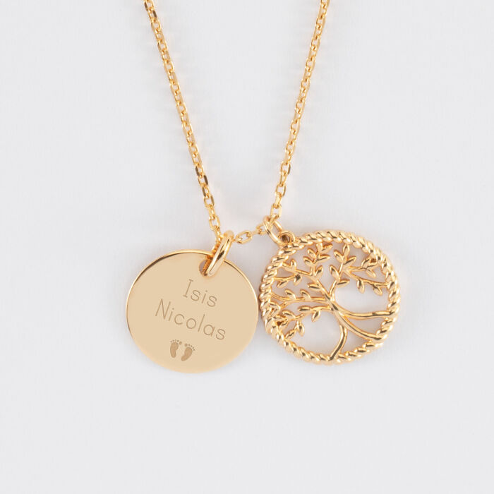 Pendentif personnalisé médaille gravée plaqué or 15 mm et breloque arbre de vie contour torsadé 16 mm - texte pictogramme