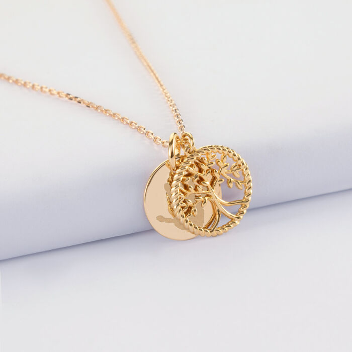 Pendentif personnalisé médaille gravée plaqué or 15 mm et breloque arbre de vie contour torsadé 16 mm - empreinte