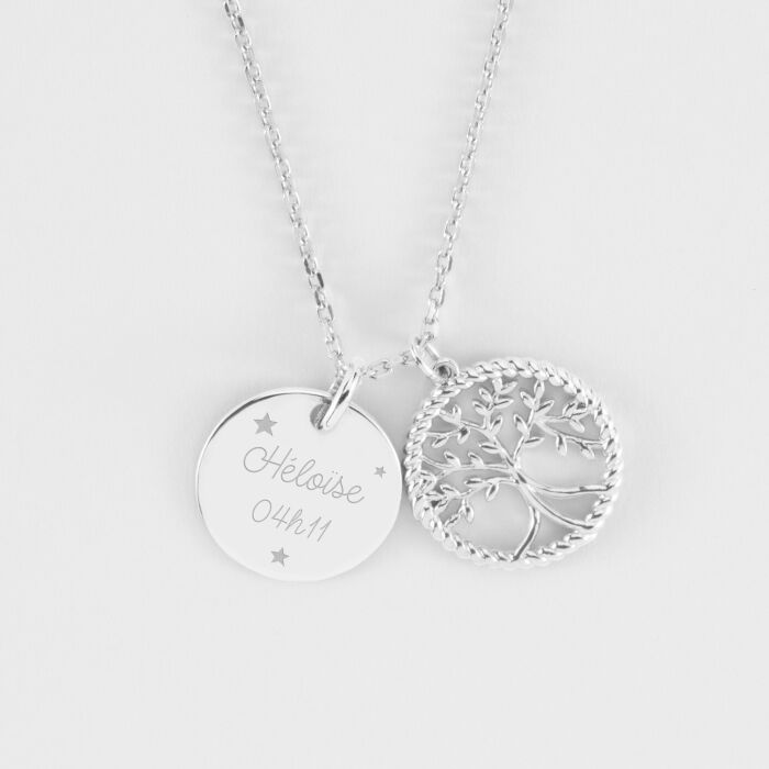 Pendentif personnalisé médaille gravée argent 15 mm et breloque arbre de vie contour torsadé 16 mm - texte et pictogramme