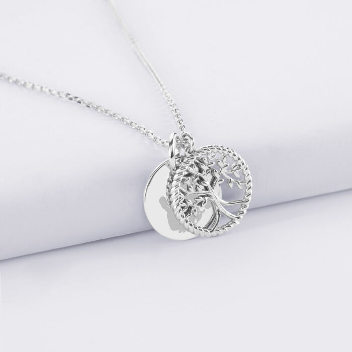 Pendentif personnalisé médaille gravée argent 15 mm et breloque arbre de vie contour torsadé 16 mm - empreinte main