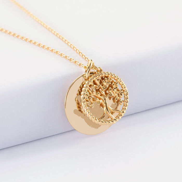 Pendentif personnalisé médaille gravée plaqué or 19 mm et breloque arbre de vie contour torsadé 16 mm - empreinte