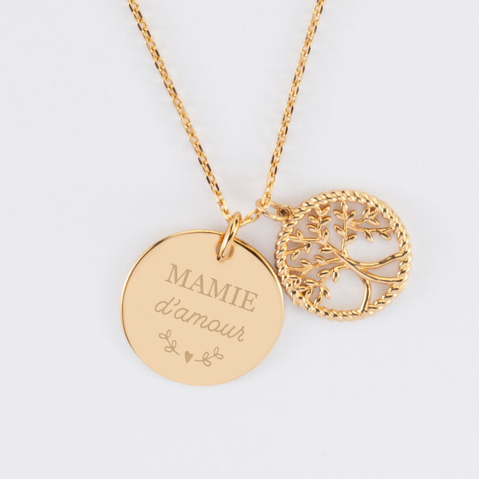 Pendentif personnalisé médaille gravée plaqué or 19 mm et breloque arbre de vie contour torsadé 16 mm - illustration mamie