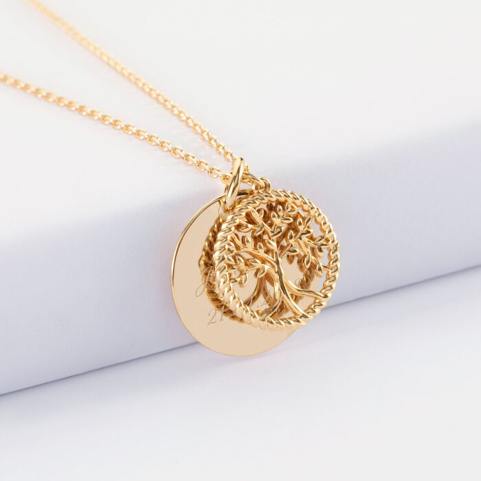 Pendentif personnalisé médaille gravée plaqué or 19 mm et breloque arbre de vie contour torsadé 16 mm - texte