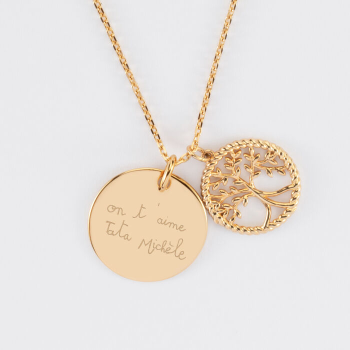 Pendentif personnalisé médaille gravée plaqué or 19 mm et breloque arbre de vie contour torsadé 16 mm - écrit