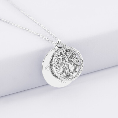 Pendentif personnalisé médaille gravée argent 19 mm et breloque arbre de vie contour torsadé 16 mm - dessin