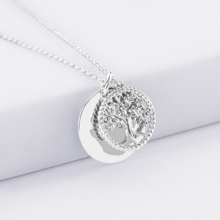 Pendentif personnalisé médaille gravée argent 19 mm et breloque arbre de vie contour torsadé 16 mm - empreinte