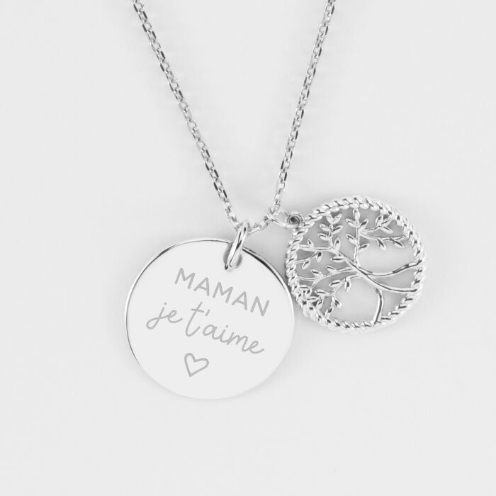 Pendentif personnalisé médaille gravée argent 19 mm et breloque arbre de vie contour torsadé 16 mm - illustration Maman