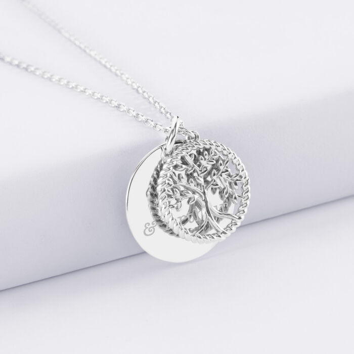 Pendentif personnalisé médaille gravée argent 19 mm et breloque arbre de vie contour torsadé 16 mm - texte