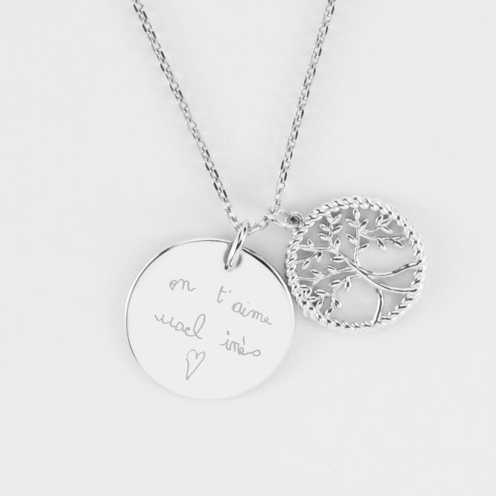 Pendentif personnalisé médaille gravée argent 19 mm et breloque arbre de vie contour torsadé 16 mm - écrit