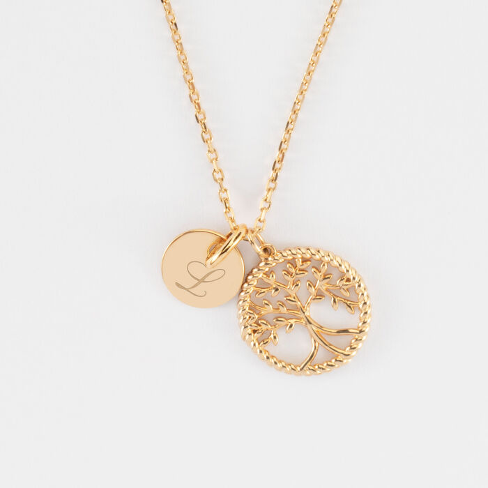 Pendentif personnalisé médaille gravée plaqué or 10 mm et breloque arbre de vie contour torsadé 16 mm - L