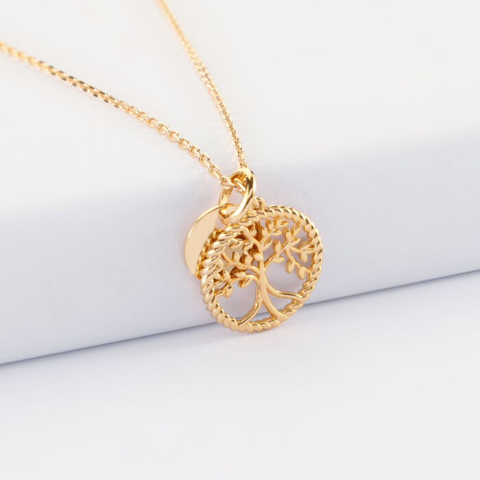 Pendentif personnalisé médaille gravée plaqué or 10 mm et breloque arbre de vie contour torsadé 16 mm - picto coeur