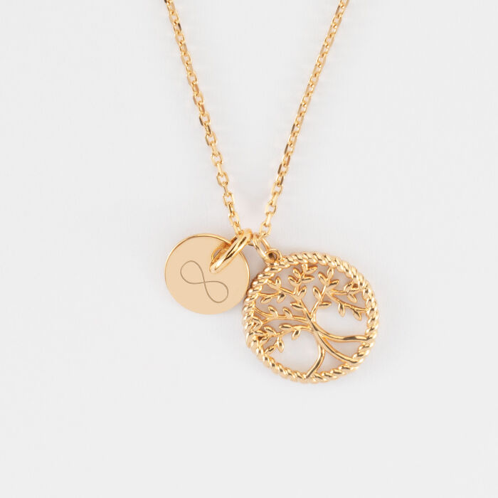 Pendentif personnalisé médaille gravée plaqué or 10 mm et breloque arbre de vie contour torsadé 16 mm - picto infini