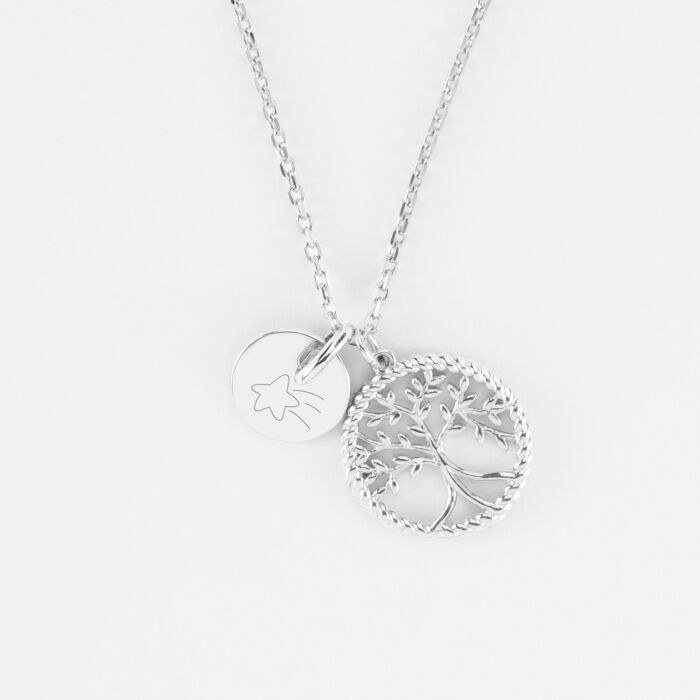 Pendentif personnalisé médaille gravée argent 10 mm et breloque arbre de vie contour torsadé 16 mm - picto étoile filante